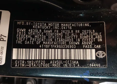 2016 Toyota Camry Se из США, поврежденный, VIN 4T1BF1FK8GU236903